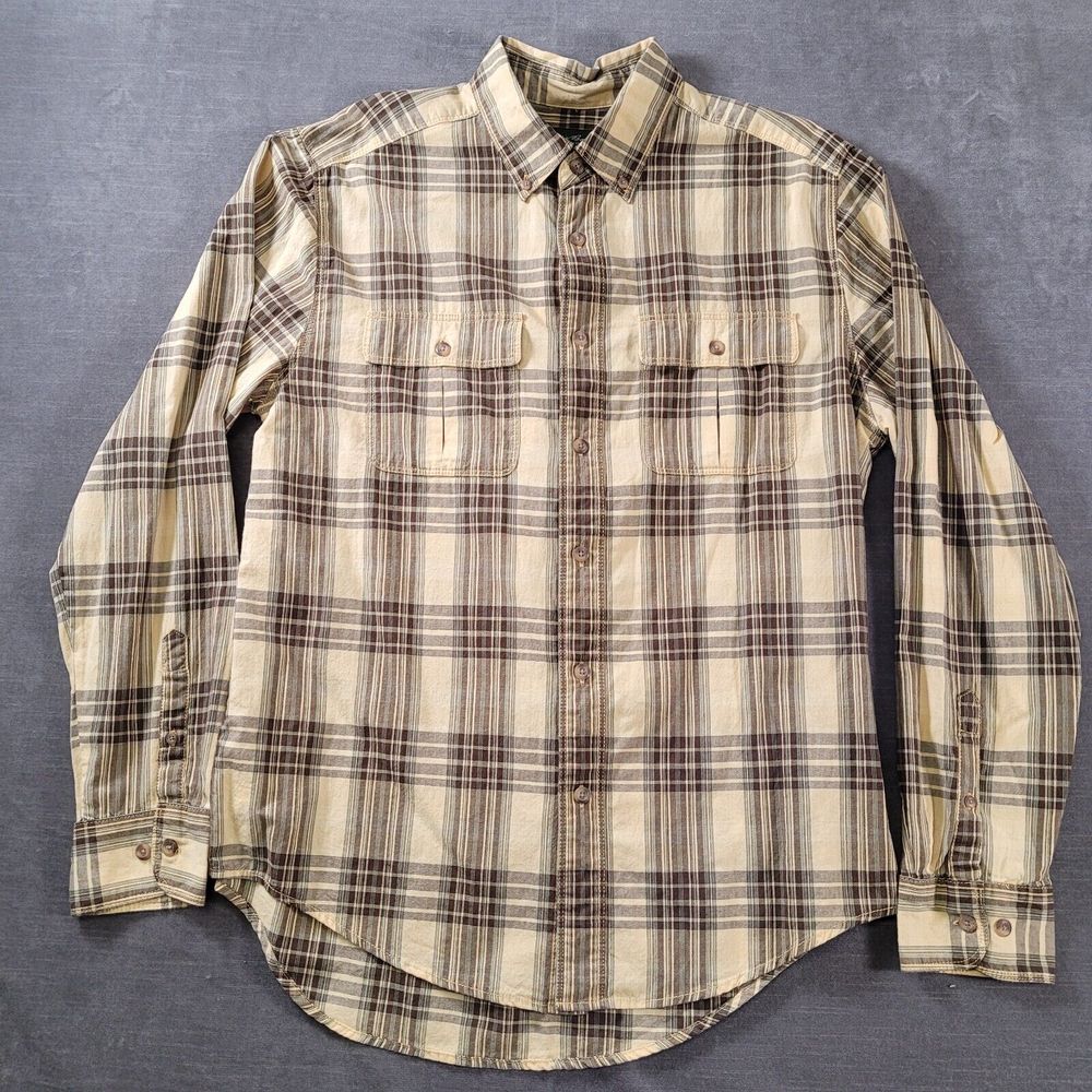 Eddie Bauer Vintage Plaid Flap Pocket Yellow Black Long Sleeve Mens Size Large